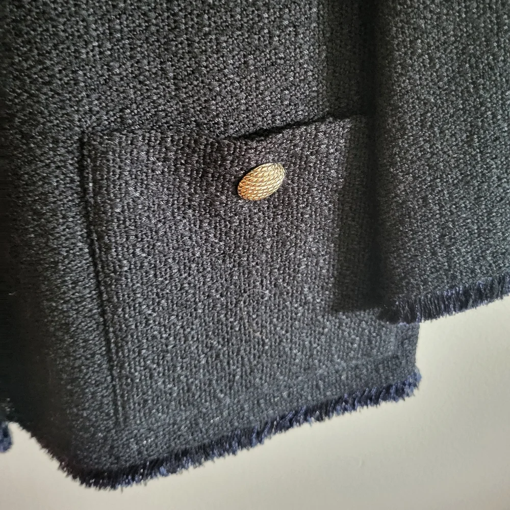 St. John Collection Boucle Wool Blend Fringe-Trim Blazer Black Navy Size 10 - Picture 11 of 12